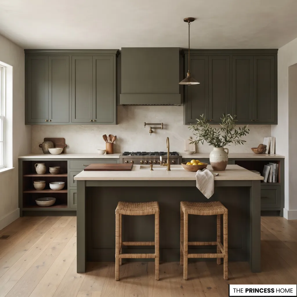 Kitchen with muted green cabinetry, pale stone surfaces, natural wood, and warm neutral details.