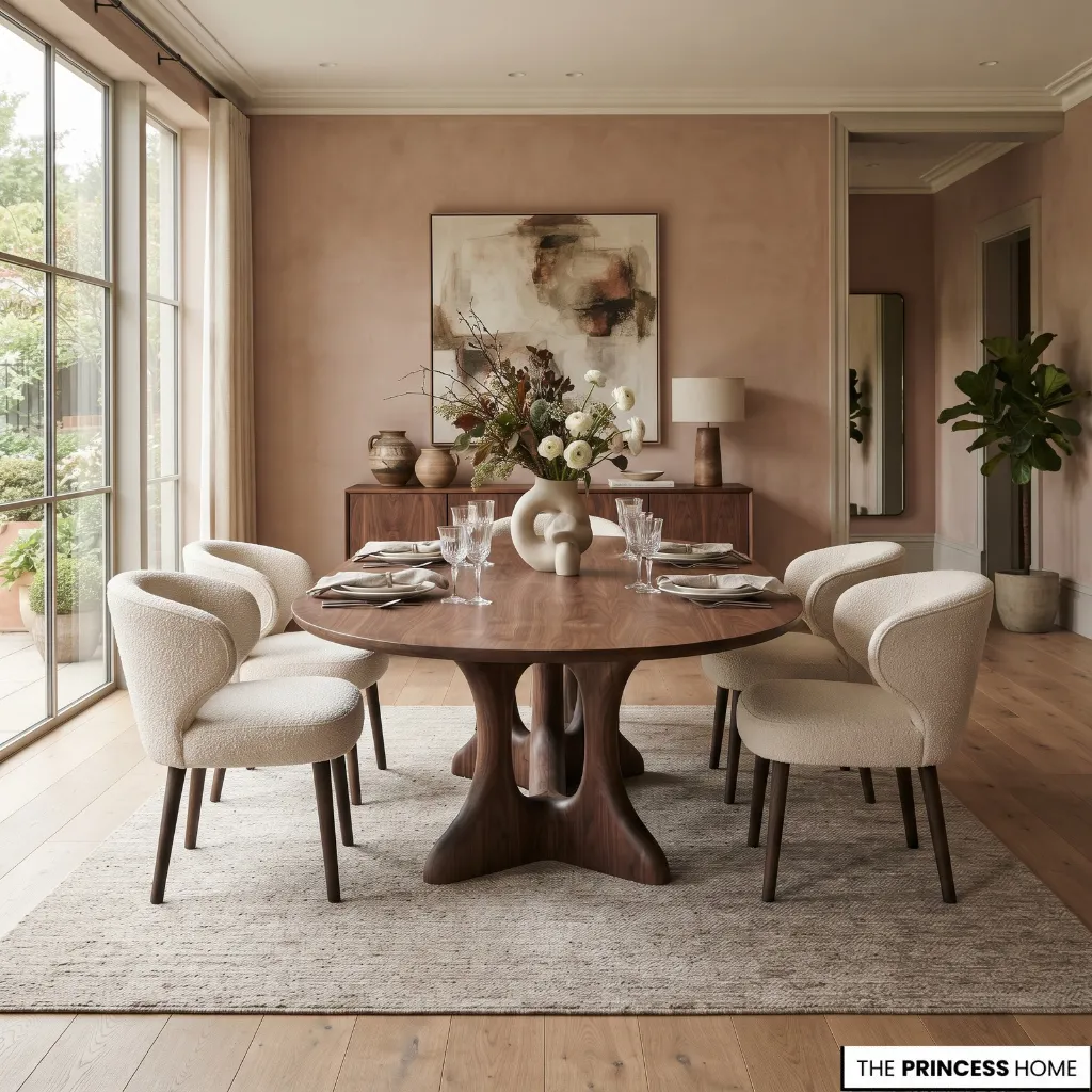 Oval dining table with a pedestal base and chairs arranged to suit the room's proportions.