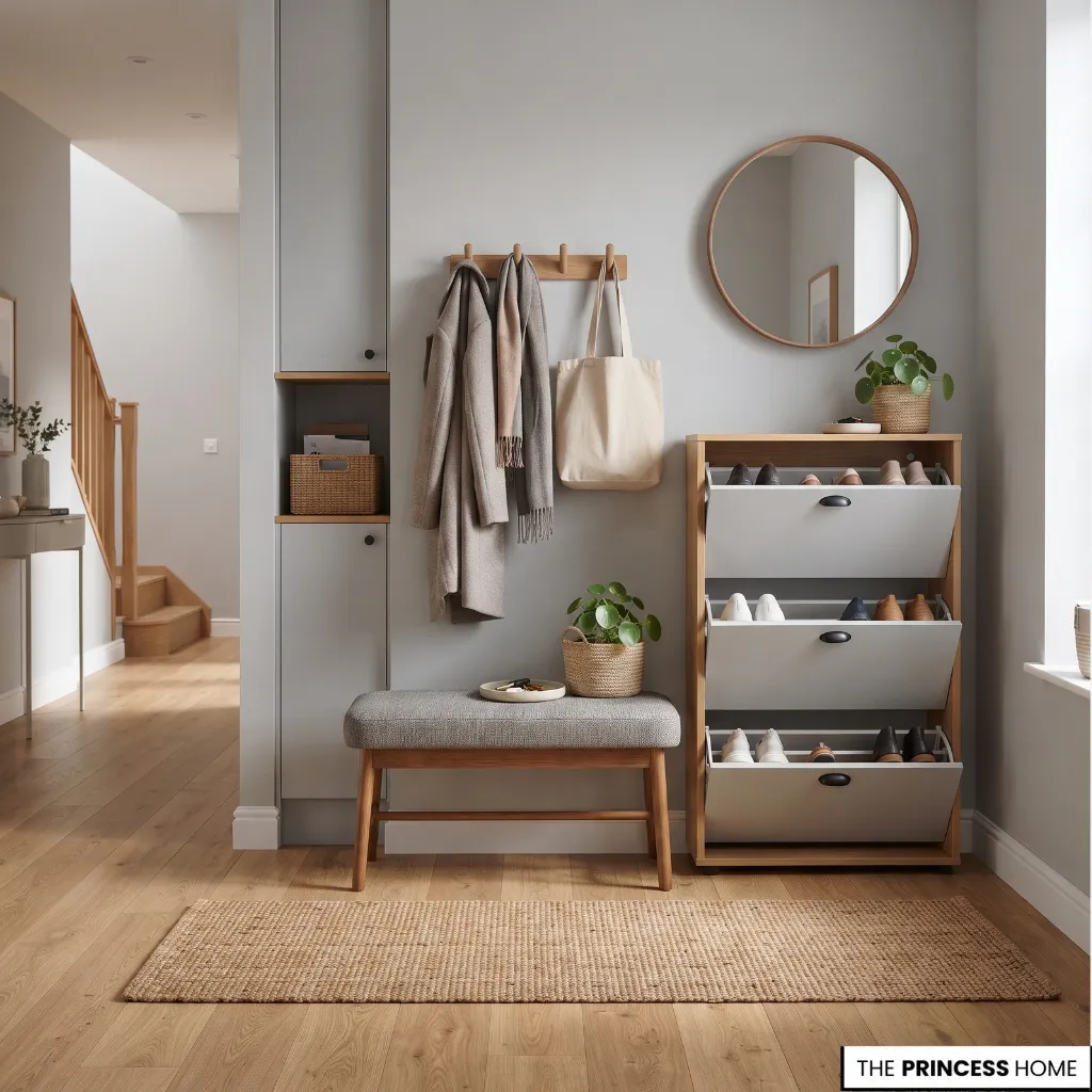 Entryway bench with wall hooks, shoe cabinet, and woven storage basket.