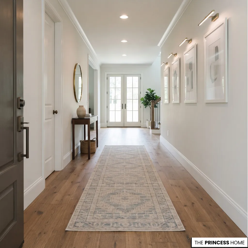 Long entry hallway with a centered runner rug and clear door access.