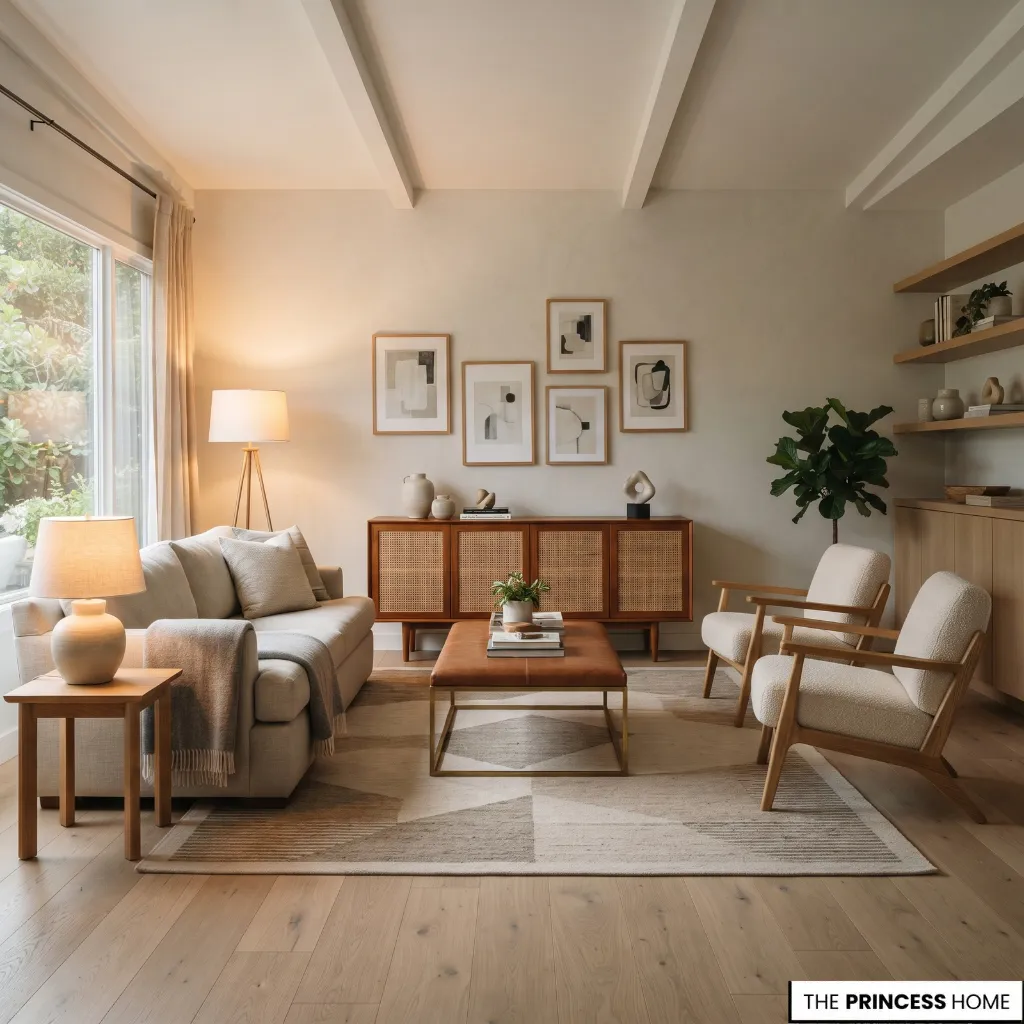 Coherent living room avoiding excessive themed decor and unrelated furniture