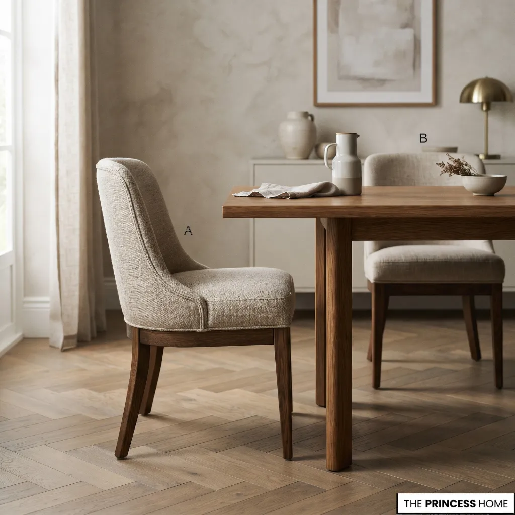 Upholstered dining chair with a shaped backrest and padded seat beside a dining table.