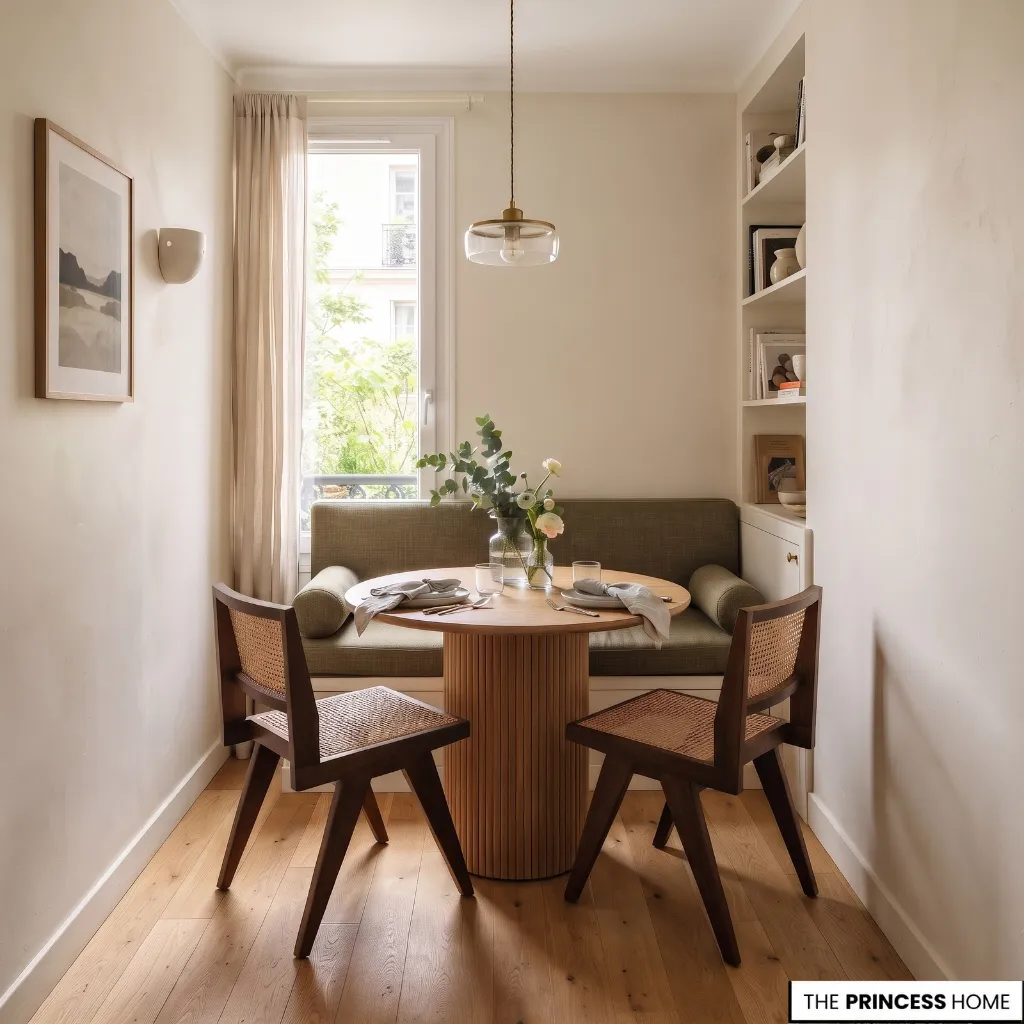A cozy compact dining nook featuring a round wooden table, a built-in green banquette seating against the back wall