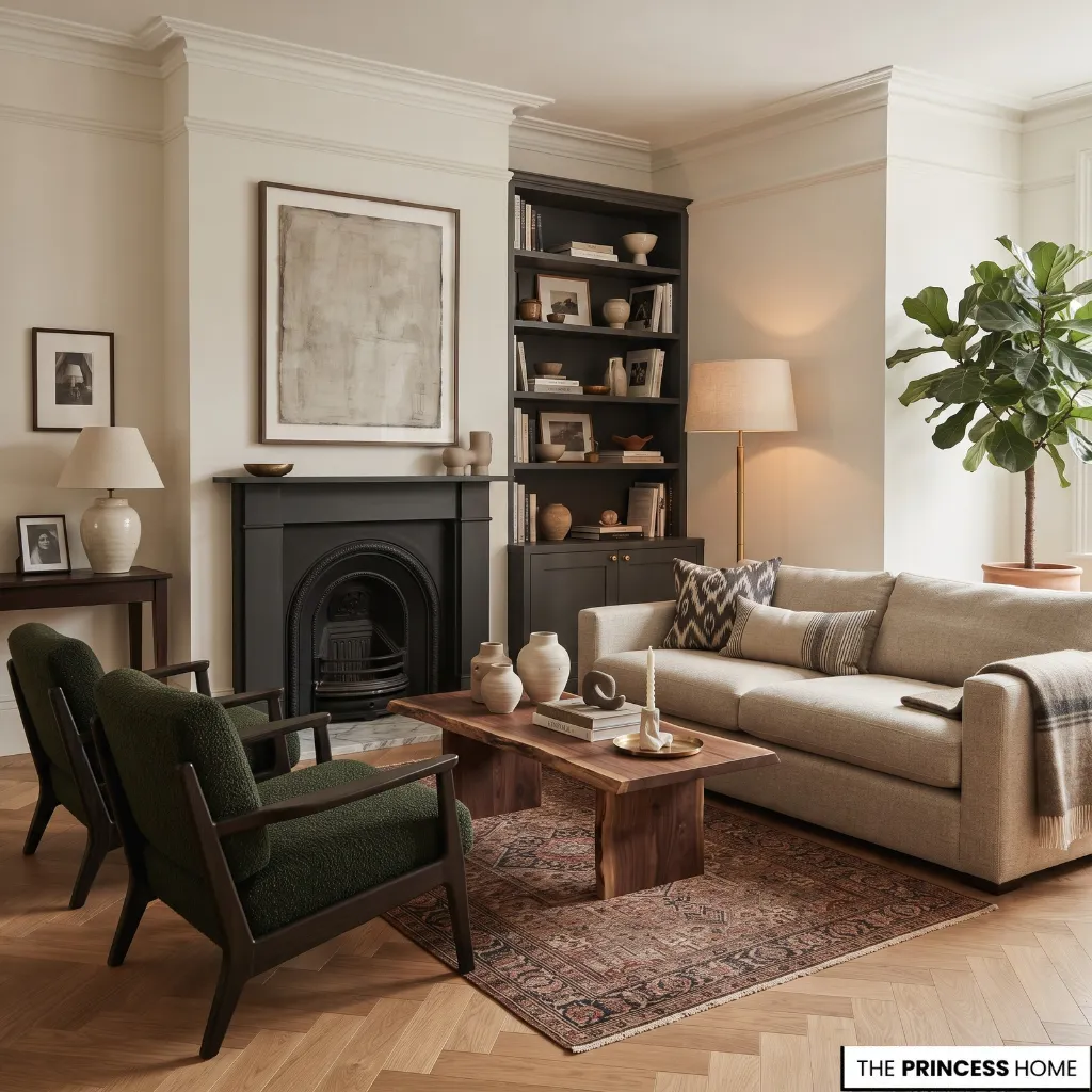 Living room showing coordinated furniture, materials, color, lighting, and architectural details