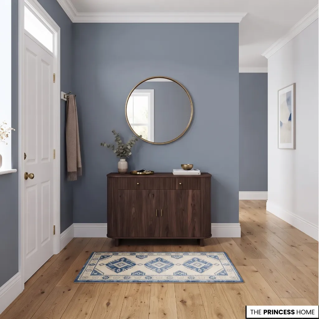 Entryway with muted blue walls, white trim, and a dark wood console.