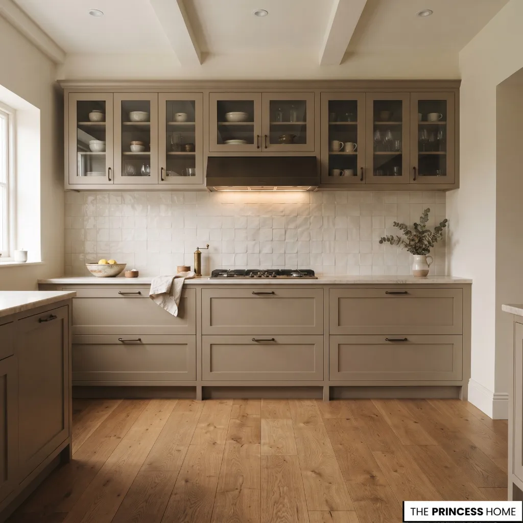 Kitchen combining warm cabinetry, a stone countertop, textured backsplash, and natural wood flooring.