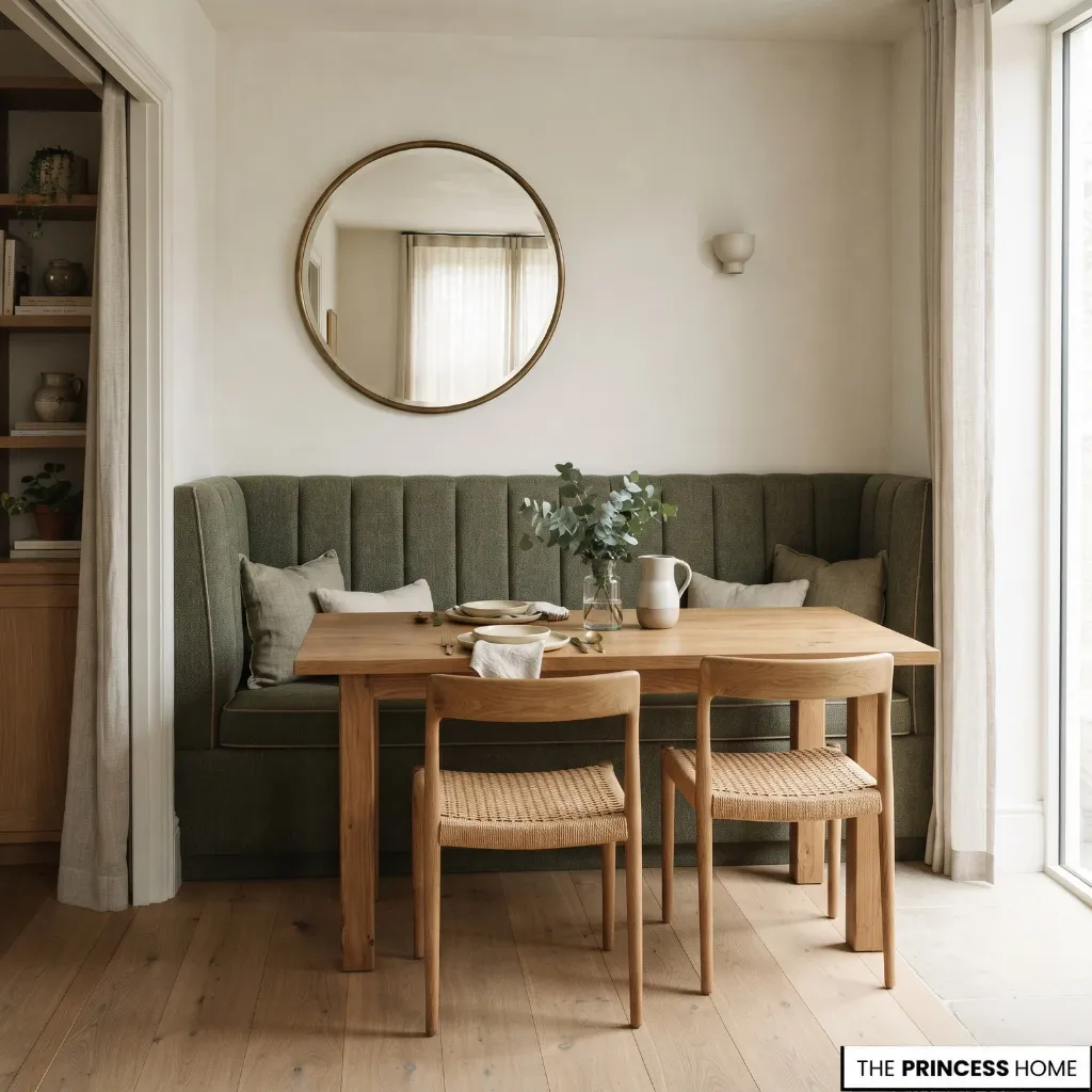 A cozy dining nook featuring a green upholstered banquette seat against the wall, a rectangular wooden table with two woven chairs