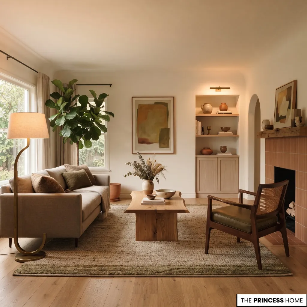 A cozy and modern living room featuring a comfortable sofa, a wooden coffee table, a fireplace, and a large indoor plant, reflecting Decor Trends 2027.