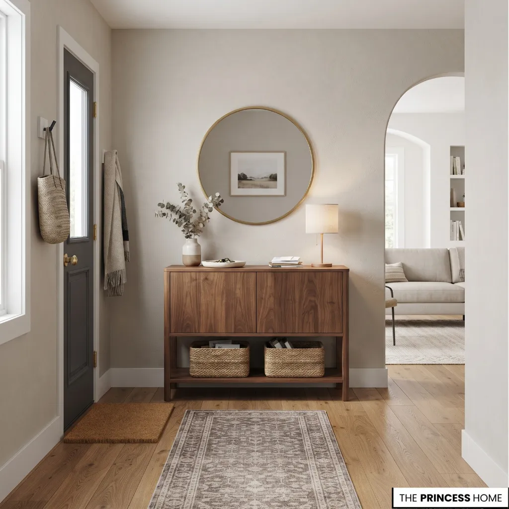Welcoming entryway with a wood console, mirror, baskets, and natural light.