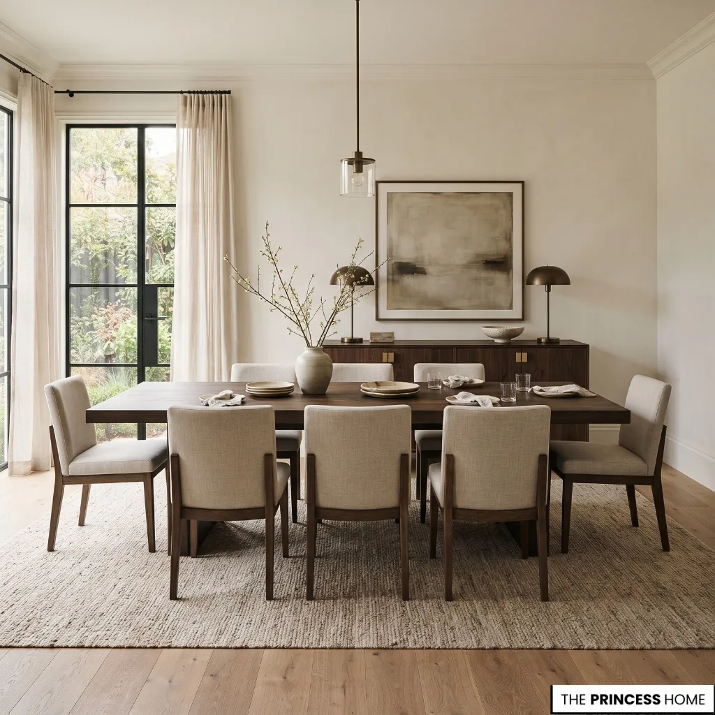 Dark wood dining table contrasted with lighter chairs and surrounding finishes.