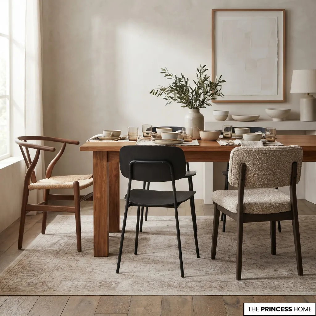 Wooden, metal-framed, and upholstered dining chairs showing contrasting materials and surface textures.