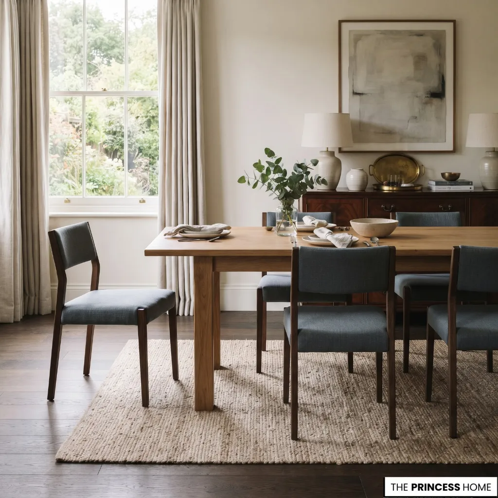Dining chairs positioned around a table with visible space behind the pulled-out seats