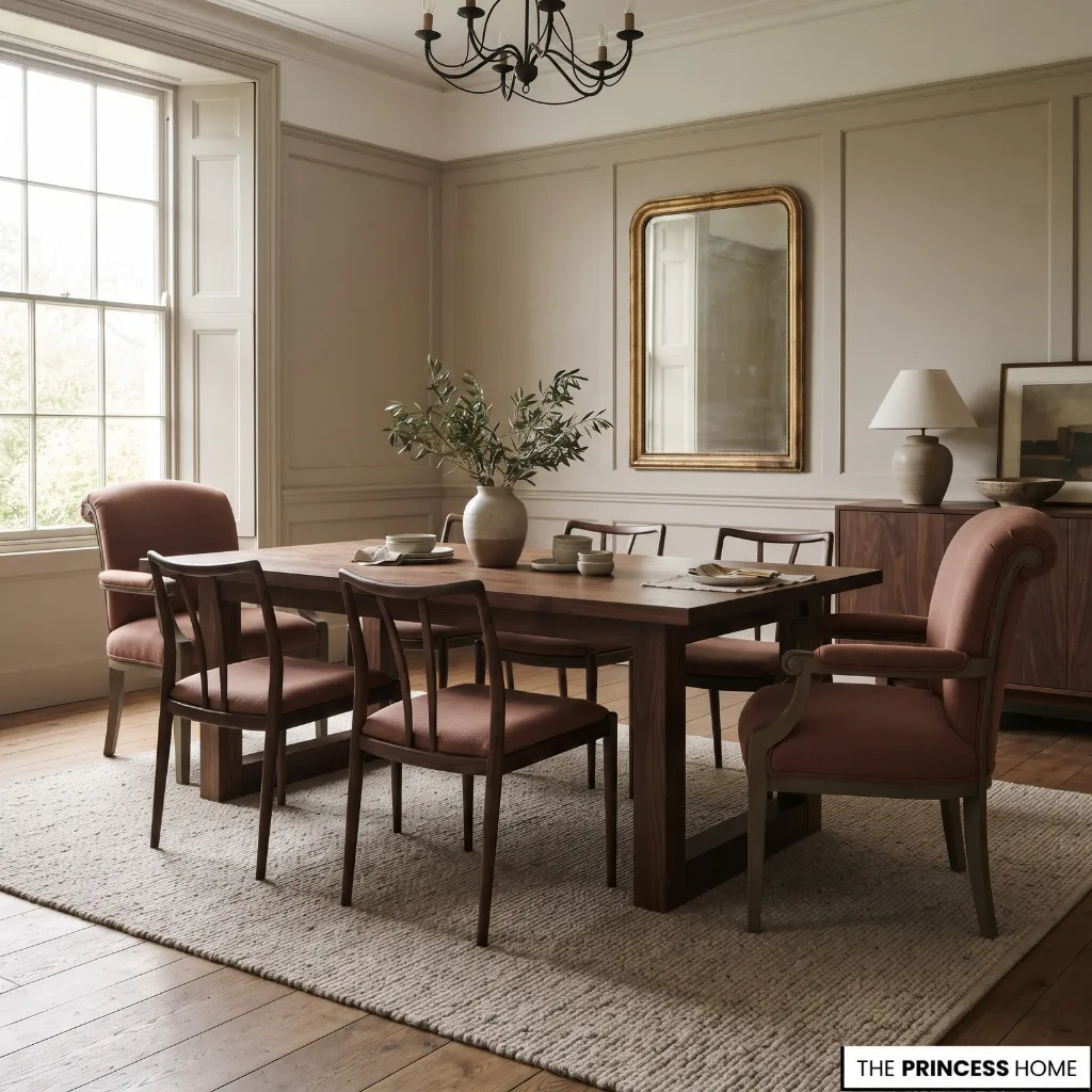 Armless dining chairs and upholstered armchairs arranged around a rectangular table.