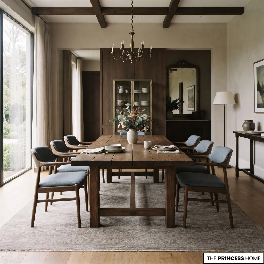 Dining chairs with substantial wooden frames arranged around a large dining table.