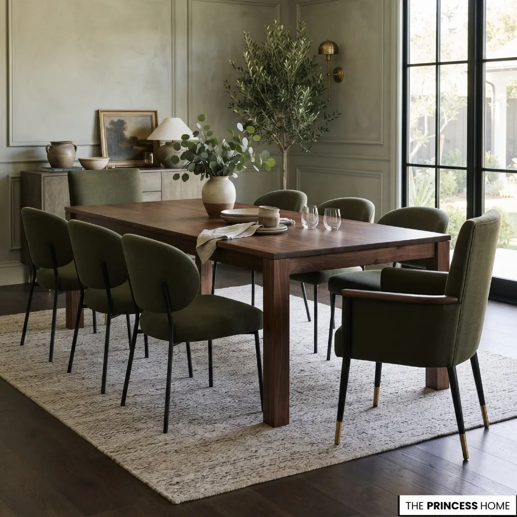 Upholstered and wooden dining chairs positioned around a table with visible seat and tabletop proportions.