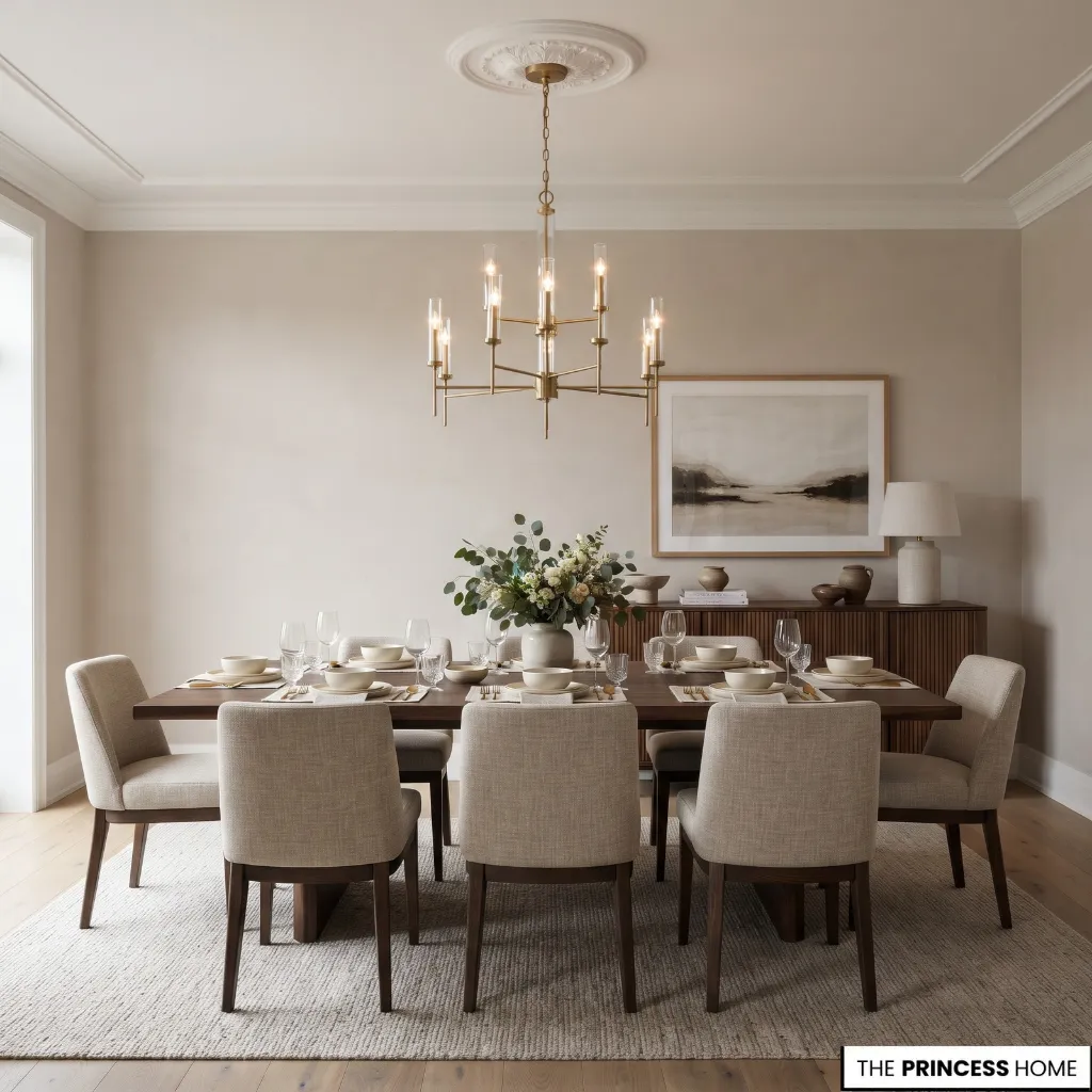 A chandelier suspended above a dining table with a clear view across the table from seated positions.