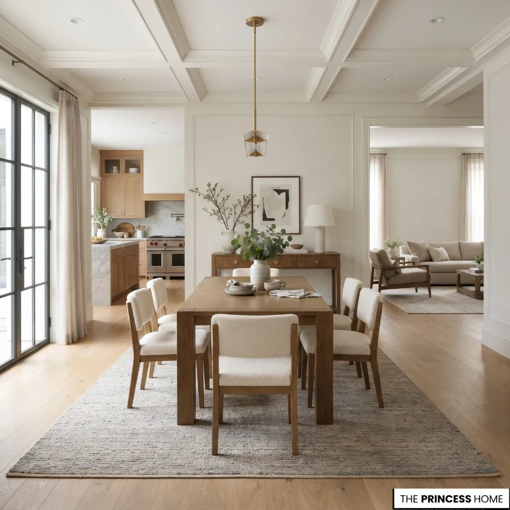 Open-plan dining area with a table positioned to preserve a clear route between the kitchen and living room.