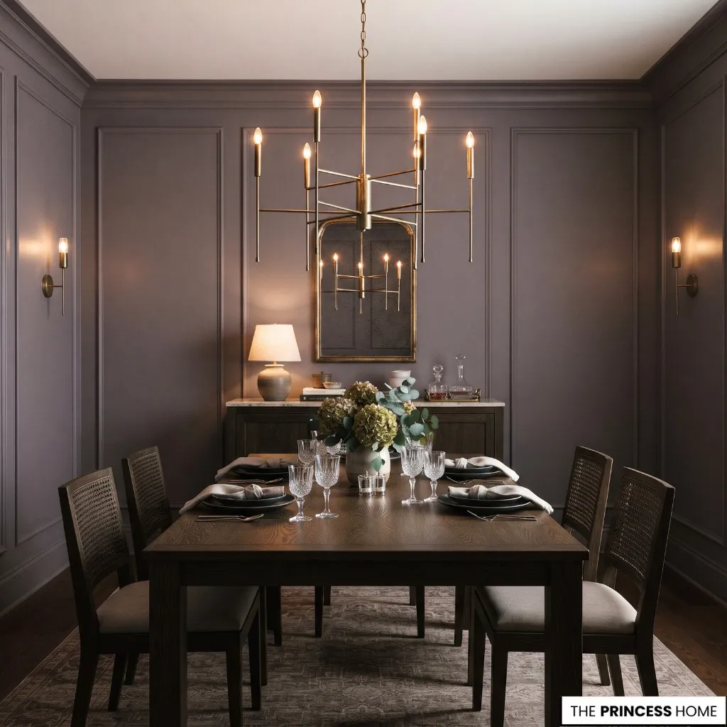 Dining table beneath a pendant chandelier with additional wall and sideboard lighting.