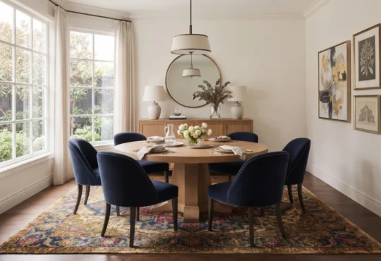 Dining chairs with different wood finishes and upholstery arranged around a rectangular dining table.