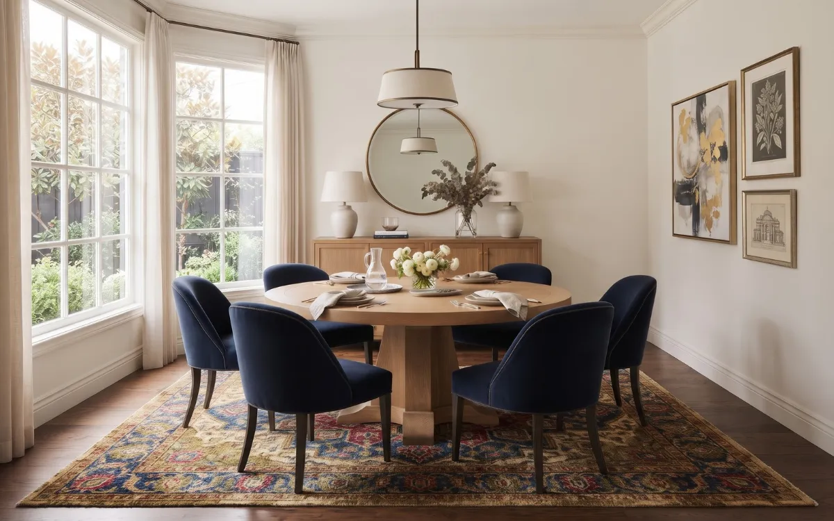Dining chairs with different wood finishes and upholstery arranged around a rectangular dining table.