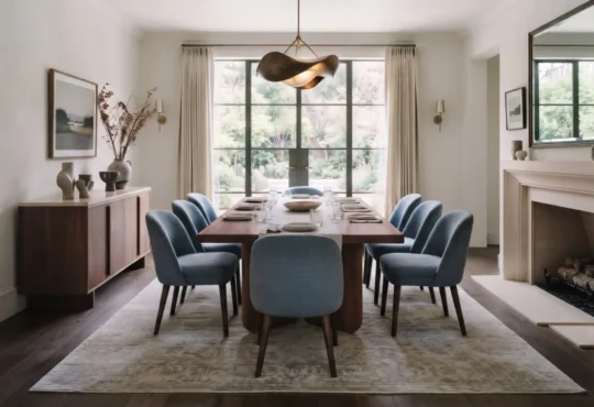 Timeless dining room with a walnut table, upholstered chairs, layered lighting, and coordinated natural materials.