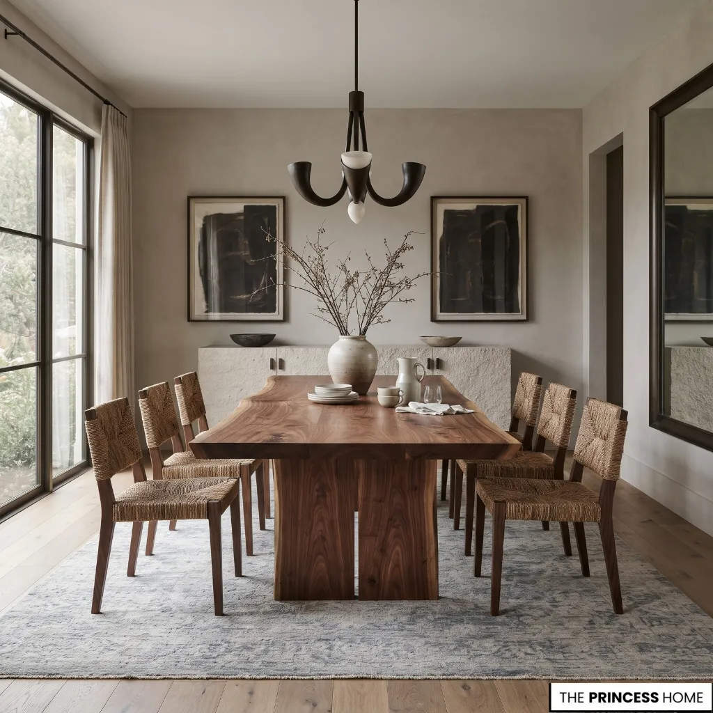 Dining room combining a natural wood table, stone surfaces, metal details, and textured seating.