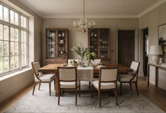 A dining table, chairs, and supporting furniture arranged within a clearly defined dining area
