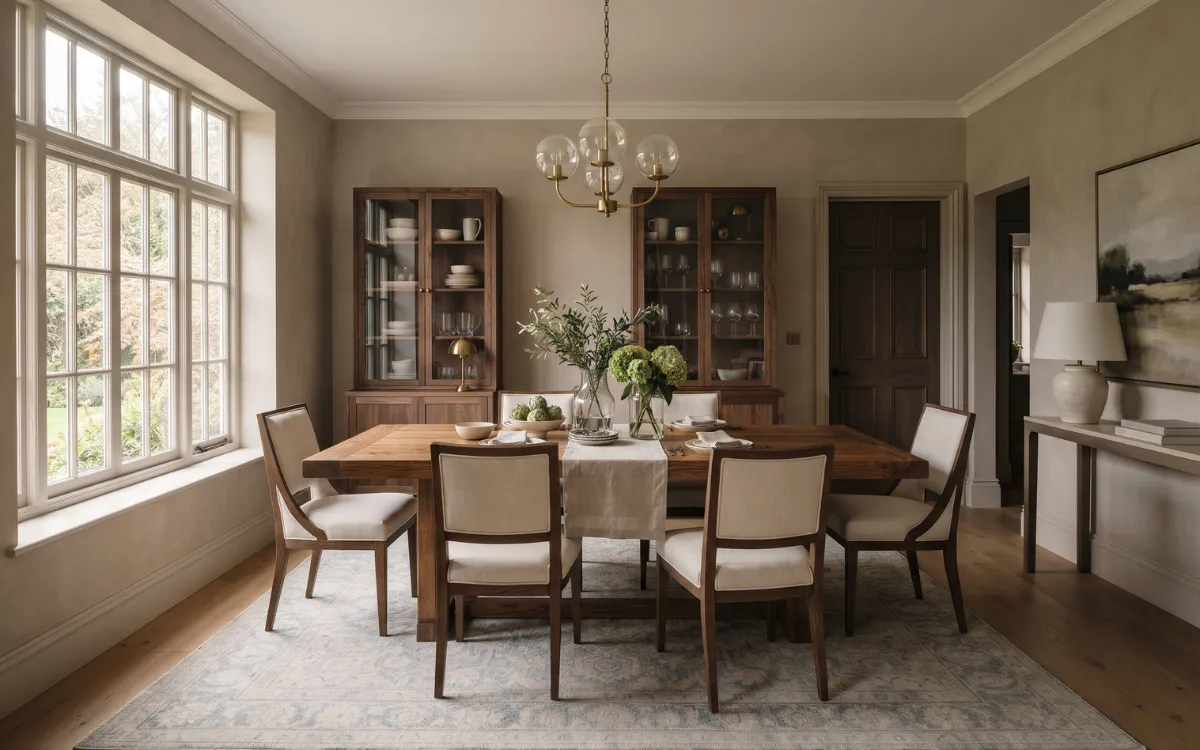 A dining table, chairs, and supporting furniture arranged within a clearly defined dining area