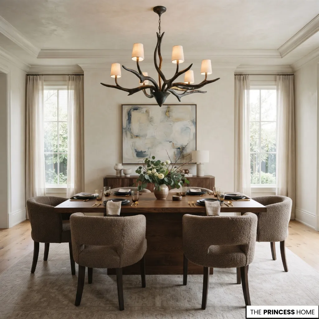 A sculptural metal dining light above a wooden table, coordinated with the room’s furniture and finishes.