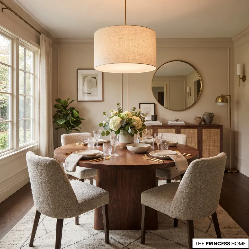 A dining table illuminated by a diffused pendant with comfortable light across the tabletop and surrounding seating.