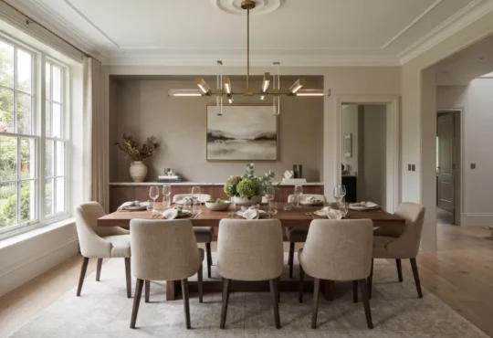 A linear chandelier centered above a wooden dining table with upholstered chairs in a traditionally detailed dining room.
