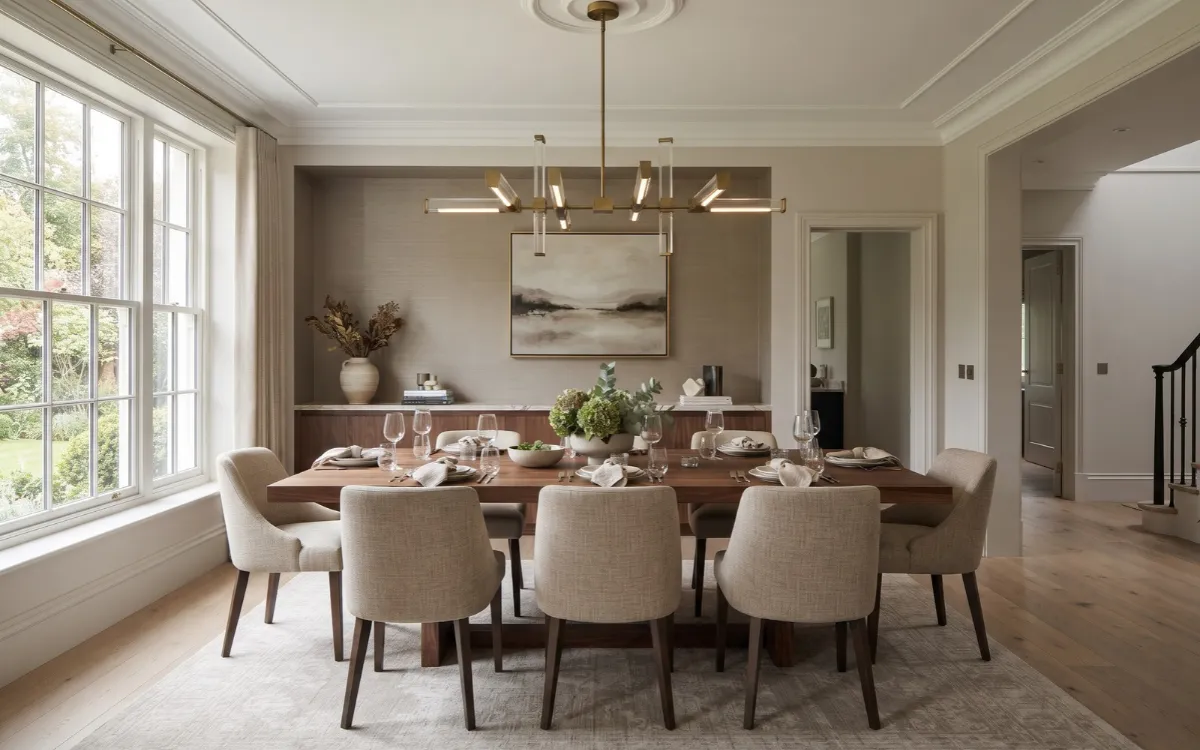 A linear chandelier centered above a wooden dining table with upholstered chairs in a traditionally detailed dining room.
