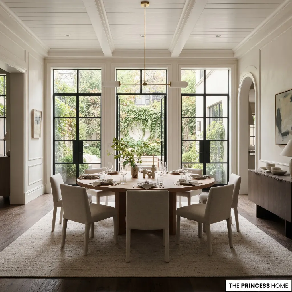 A dining table positioned near large windows with the ceiling, surrounding circulation space, and existing lighting visible.