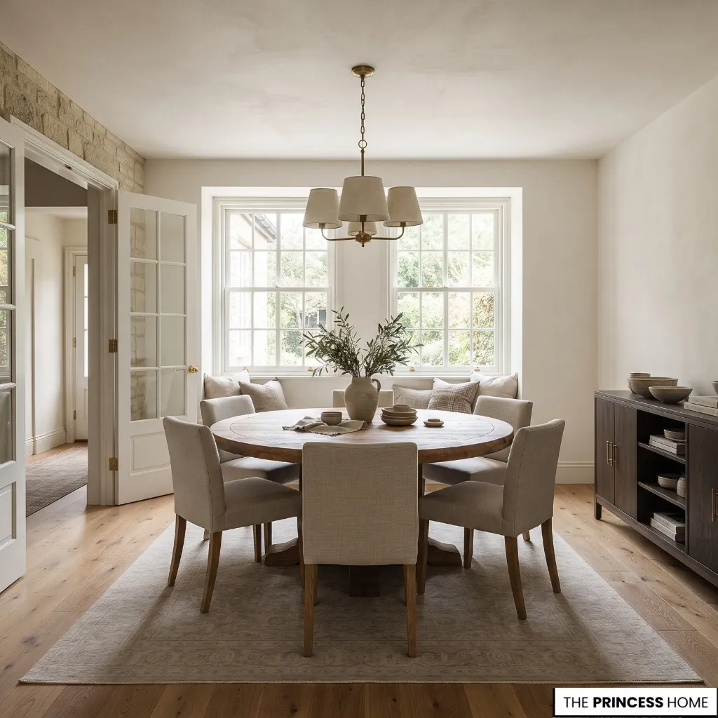 A dining room showing the table, windows, doorway, and fixed furniture that affect the available layout