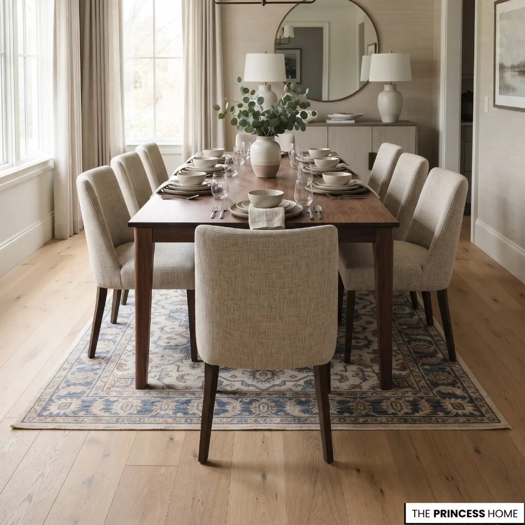 Dining table on an undersized rug, with chair legs extending beyond its edge and disrupting chair movement.