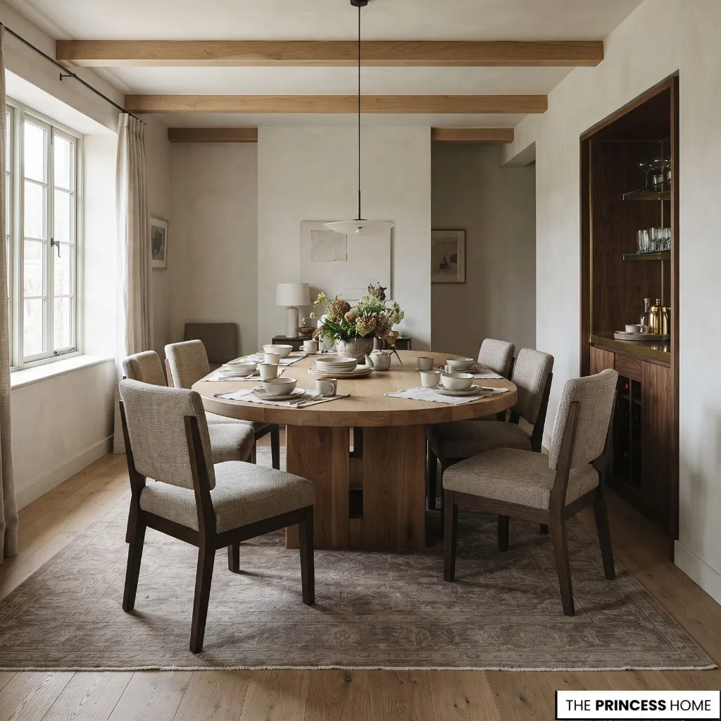 An oversized dining table and pulled-out chairs leaving a visibly restricted walking route