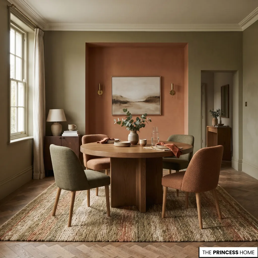 Dining room combining olive green, terracotta, natural wood, and complementary upholstered seating.