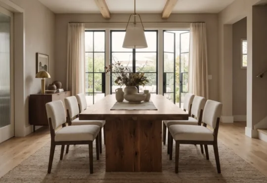 Rectangular wooden dining table surrounded by chairs in a bright, contemporary dining room.