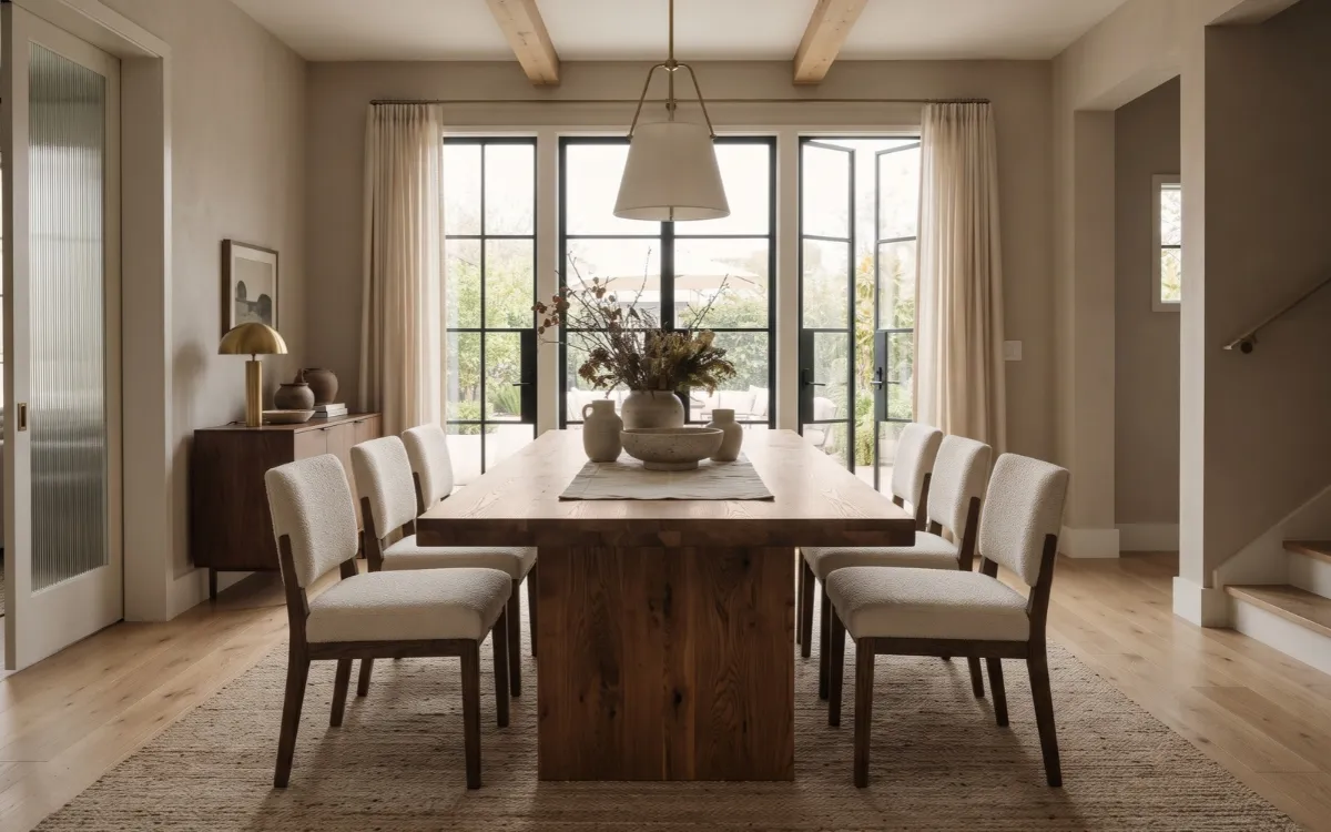 Rectangular wooden dining table surrounded by chairs in a bright, contemporary dining room.