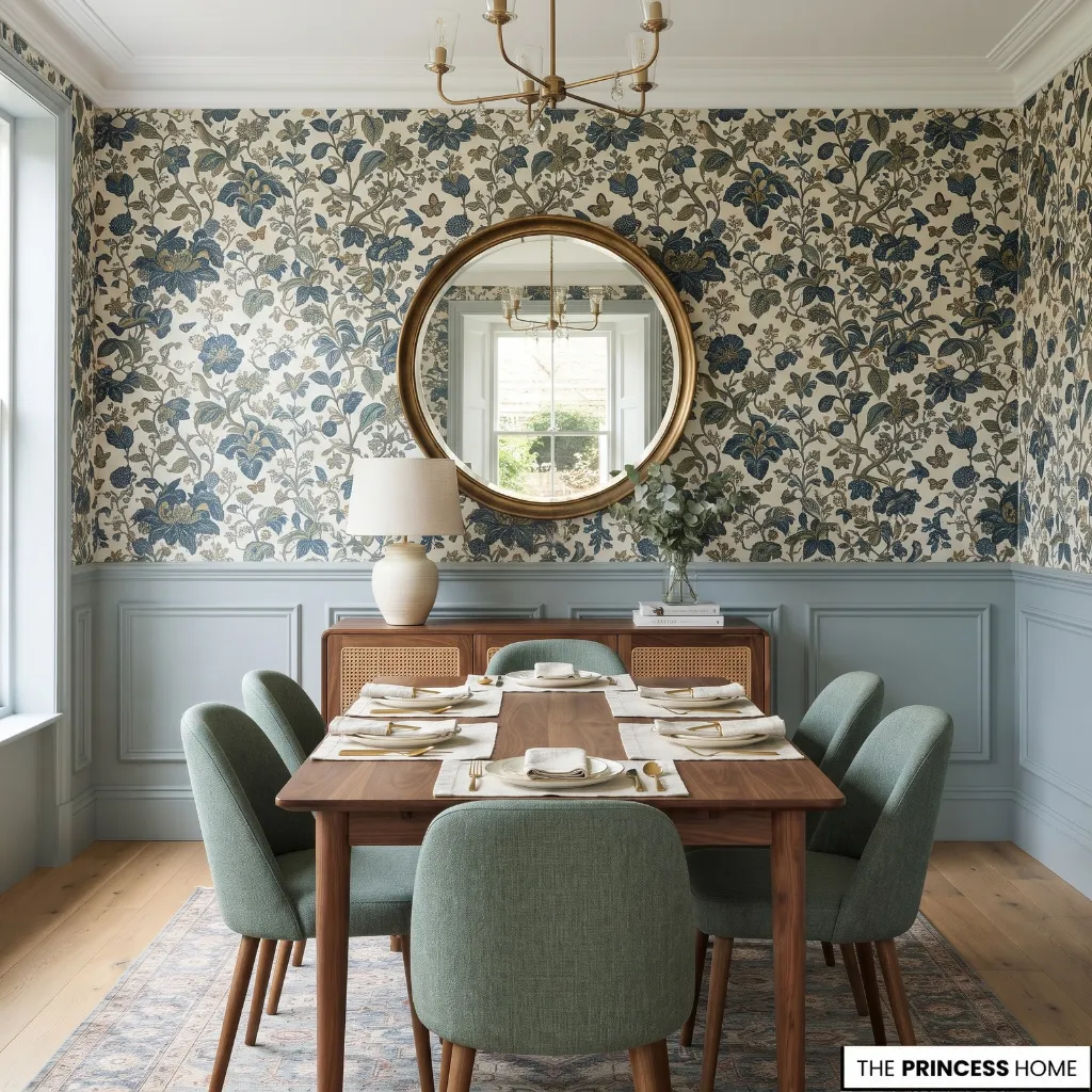 Dining room wall with patterned wallpaper, a mirror, framed artwork, and a coordinated sideboard.