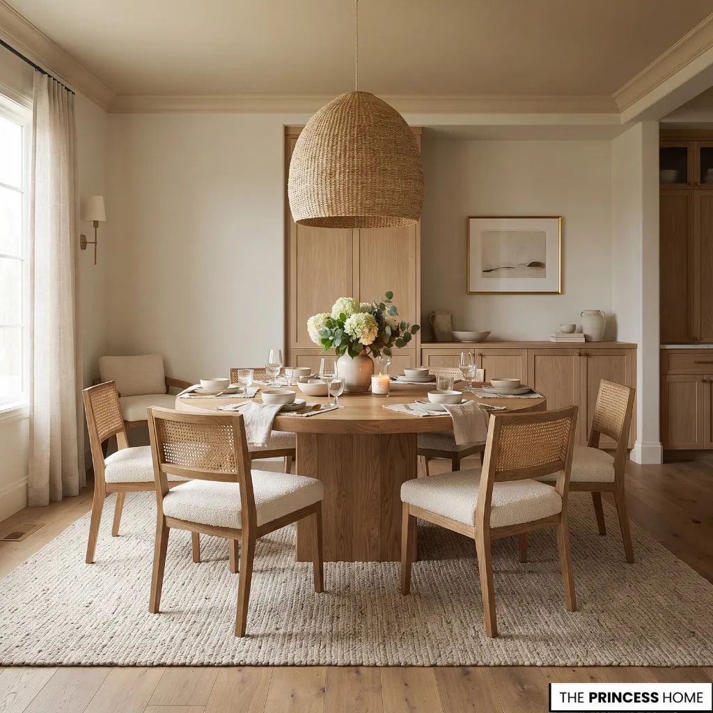 A dining table positioned over a rug that extends beyond the chairs, with a pendant centered above the table.