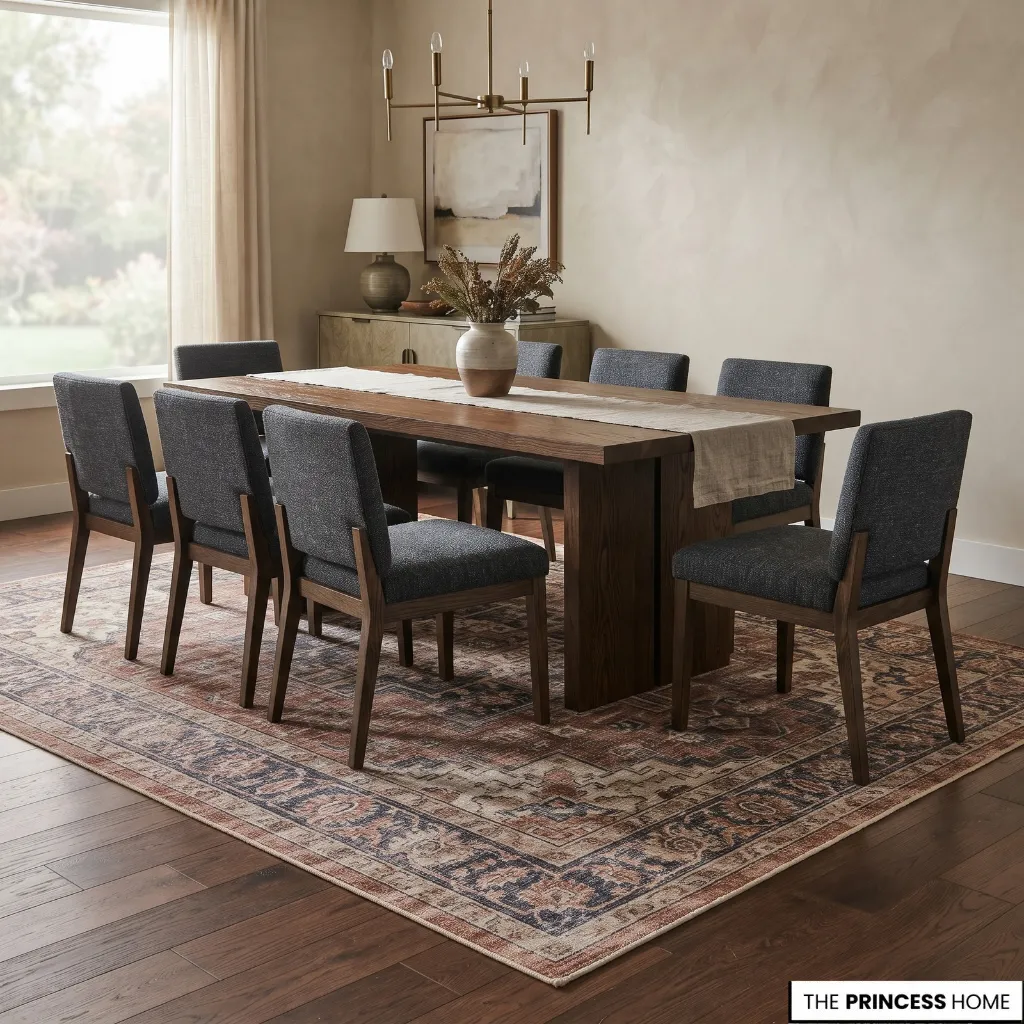 Dining table and pulled-back chairs positioned fully on a generously sized patterned rug.