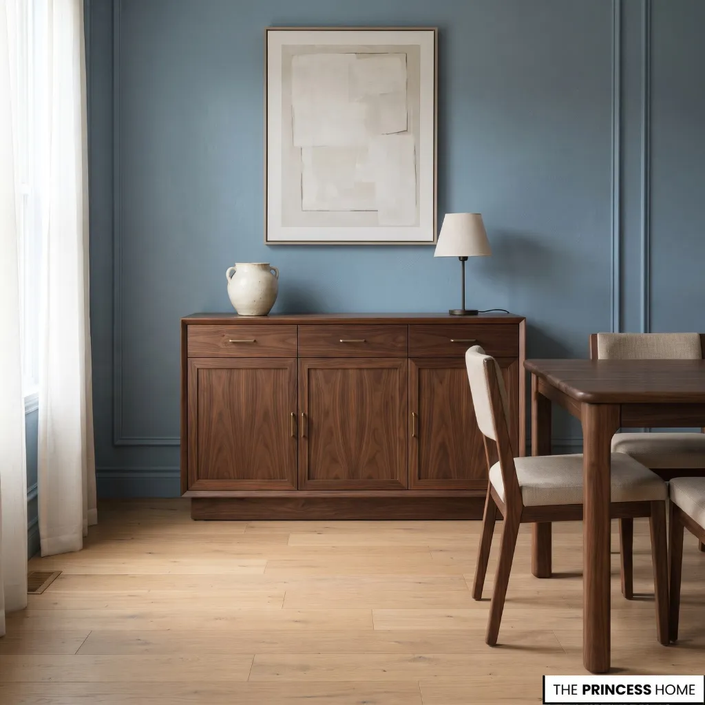 Walnut dining room sideboard providing storage beside a dining table, with a clear usable top surface.