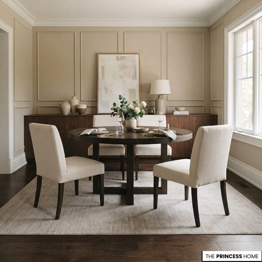 Dining chairs pulled away from a table, revealing the space needed for seating and movement