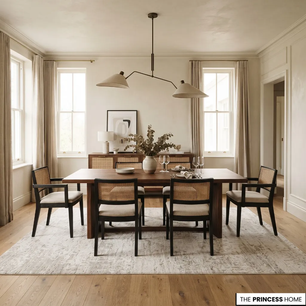 Dining table coordinated with contrasting chairs, a rug, and a pendant light in a complete dining room.