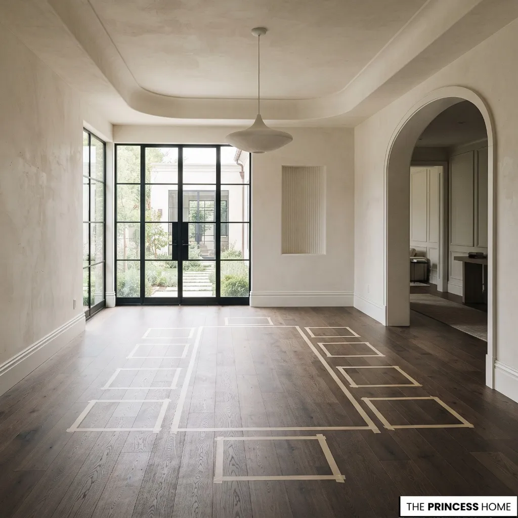 Masking tape outlining a dining table footprint and chair positions on a dining room floor