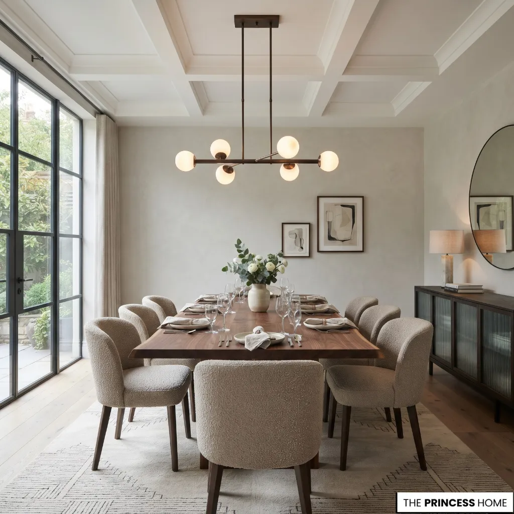 A dining fixture proportioned in relation to the width and length of the table beneath it.