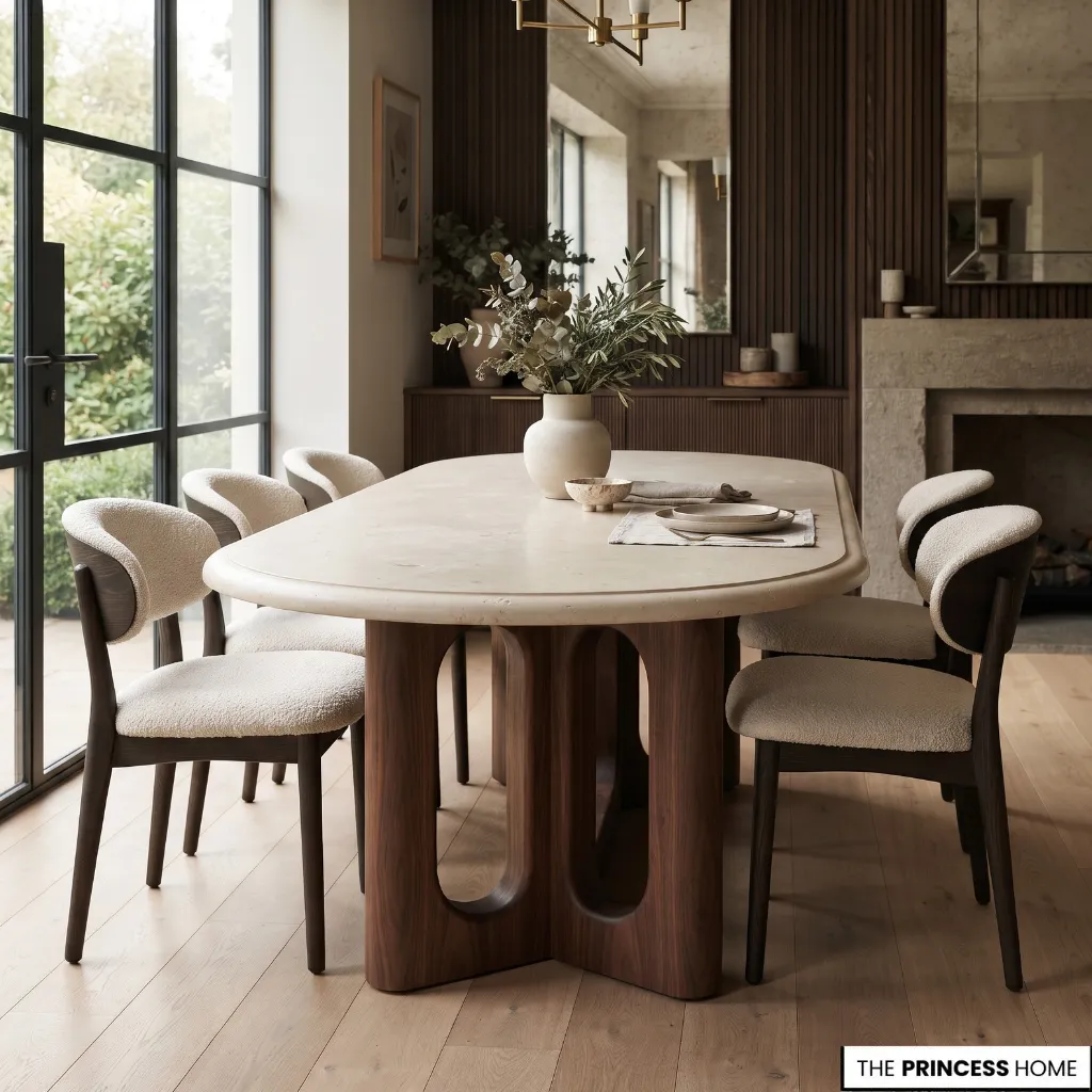 Dining table with a stone-look surface and contrasting wood furniture in a contemporary dining room.