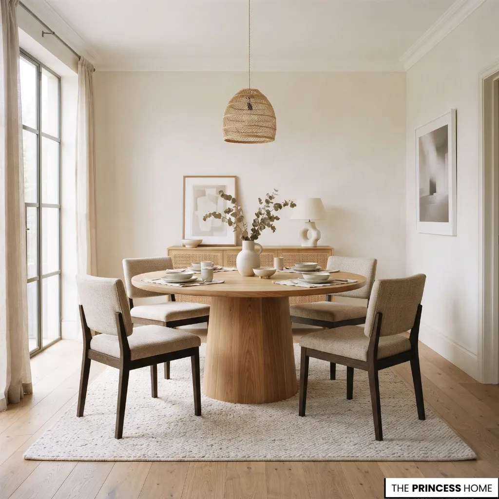 Dining table with a central pedestal base and chairs positioned around the perimeter.