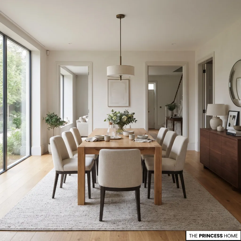 Rectangular dining table with chairs and visible walking space between the furniture and surrounding walls.